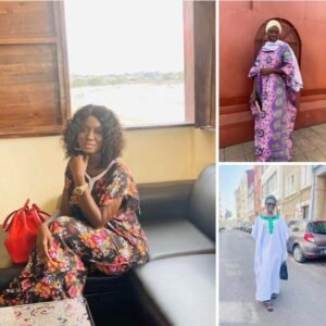 Collage of three photos: woman with curly hair in a vibrant floral dress sits on a sofa by a window; a woman in a purple patterned dress with a white headwrap stands against a red wall; a woman in a white agbada-style dress with green embroidery walks on a city street.