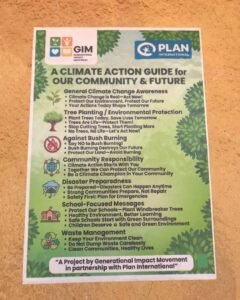 Poster titled 'A Climate Action Guide for Our Community & Future' listing steps: climate awareness, tree planting, anti-bush burning, community responsibility, disaster preparedness, school-focused messages, and waste management.
