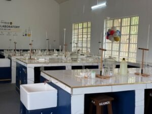 School science laboratory with long white benches, glassware and lab stands, sinks, stools labeled SCIENCE, and balloons by a window.