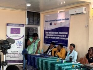 Woman in a green dress speaks at a panel for Women Environmental Programme Sierra Leone; banners and seated panelists in a small, indoor room with filming equipment nearby.