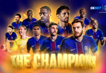 Two-time UCL champions: Paris Saint-Germain confirms its status as the best football dynasty together with 1xBet! Promotional banner showing PSG players in blue kits, with bold gold text 'THE CHAMPIONS' and 1XBET logo.