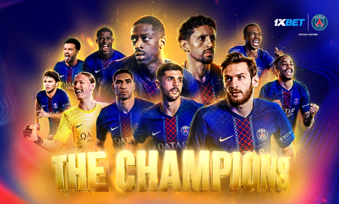 Promotional banner showing PSG players in blue kits, with bold gold text 'THE CHAMPIONS' and 1XBET logo.