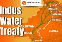 INDUS WATERS TREATY IN ABEYANCE Pakistan’s Rhetoric Defies Reality Poster about the Indus Water Treaty showing a map of India and Pakistan with green river routes and large white text reading 'Indus Water Treaty' and a logo at the top.