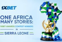 One Africa. Many Stories: 1xBet Celebrates Africa Day Contest Winners in Sierra Leone 1XBET 'One Africa Many Stories' awards winners banner for Sierra Leone, featuring a trophy with blue and green ribbon on the right.