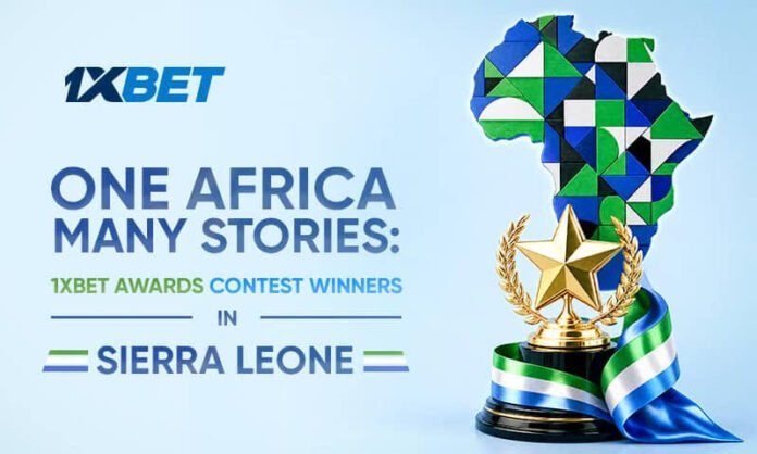 1XBET 'One Africa Many Stories' awards winners banner for Sierra Leone, featuring a trophy with blue and green ribbon on the right.