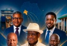 Kent Seaport Project Mirrors ECOWAS Vision for Economic Growth and Regional Connectivity Portrait collage of six African leaders in suits and traditional attire, with an Africa map and a coastal port in the background, symbolizing regional leadership and development by sea.