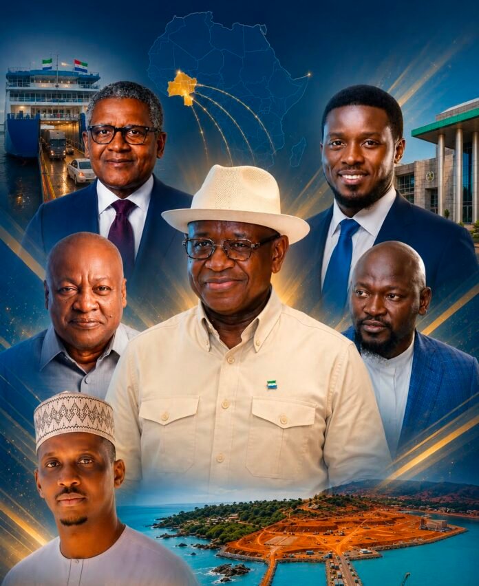 Portrait collage of six African leaders in suits and traditional attire, with an Africa map and a coastal port in the background, symbolizing regional leadership and development by sea.