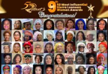 Fifty Influential Sierra Leonean Women Honoured for Outstanding National Contributions Poster for the 9th annual 50 Most Influential Sierra Leonean Women Awards with a collage of portraits and 'Congratulations' text on a dark background.