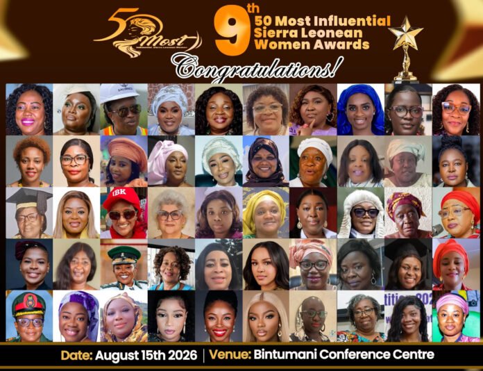Poster for the 9th annual 50 Most Influential Sierra Leonean Women Awards with a collage of portraits and 'Congratulations' text on a dark background.