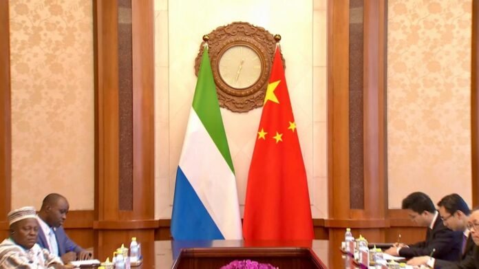 In a formal meeting room, two flags stand behind a carved clock: a green, white, and blue tricolor on the left and a red flag with yellow stars on the right, with people seated at a conference table in the foreground.