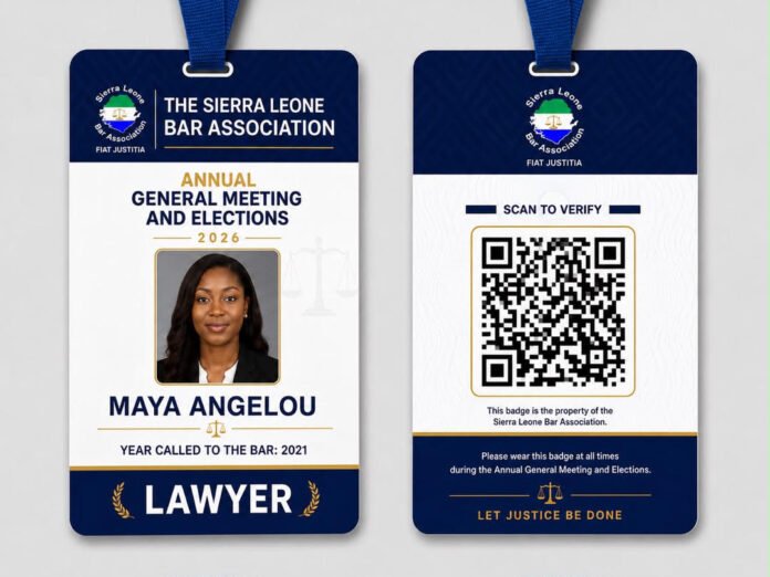 Front badge: Sierra Leone Bar Association with portrait of a female lawyer, 'Annual General Meeting and Elections 2026' and 'LAWYER' at the bottom.
