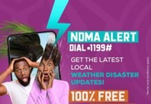 Africell Toll-Free Line Drives 65% of NDMA Disaster Reporting NDMA alert ad: two surprised people peeking from a smartphone on a purple background; bold text with dial *1199#, 100% FREE OF CHARGE, Africell.