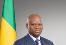 President Brice Clotaire Oligui Nguema to Pay State Visit to Sierra Leone Formal portrait of a bald man in a navy suit with a purple tie, standing with hands clasped beside a green-yellow-blue flag.