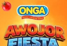 ONGA to Host Awojor Fiesta – Salone Jollof Battle This Sunday, Winner Heads to Ghana Poster for Onga Awojor Fiesta: Salone Jollof Battle Edition with bright orange background and logo artwork, event details included in a banner at bottom nearby images of product packs.