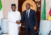 President Bio Calls on Africa to Turn Global Crises into Continental Opportunity in Lomé Two men in formal attire shake hands in a government chamber, surrounded by national flags and an official emblem behind them (diplomatic meeting).