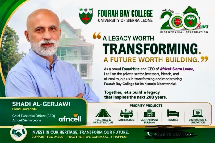 Promotional banner for Fourah Bay College’s bicentennial, showing Shadi Al-Gerjawi and the slogan 'A legacy worth transforming, a future worth building.'