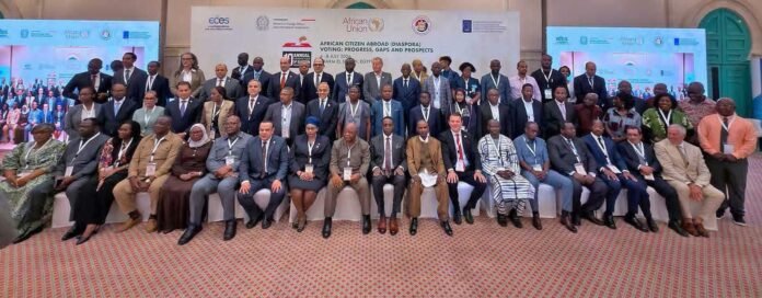 Group photo of delegates at a conference on African citizen abroad diaspora voting, with banners in the background at the venue.