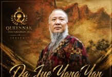 Da Jue Yang Yan Launches World Peace Painting African Tour with a Mission for Humanity Promotional poster for Da Jie Yang Yan World Peace Painting African Tour featuring a man with a long gray beard in a colorful robe, gold accents, and an Africa map motif