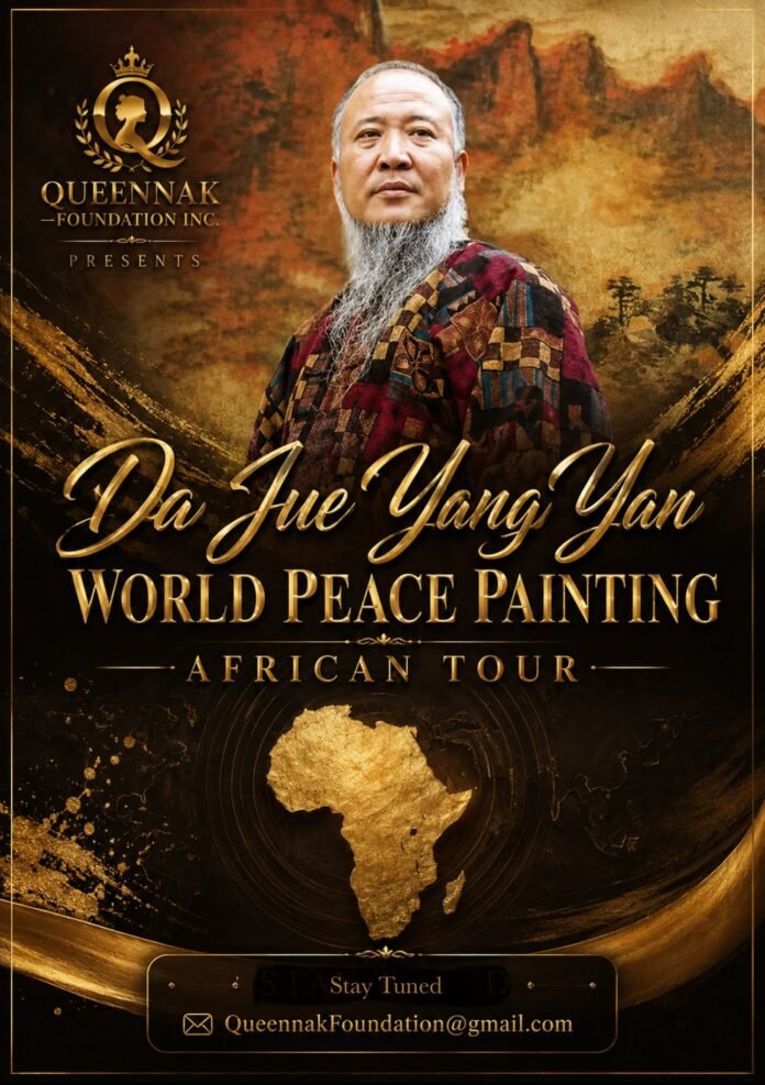 Promotional poster for Da Jie Yang Yan World Peace Painting African Tour featuring a man with a long gray beard in a colorful robe, gold accents, and an Africa map motif