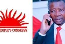 APC Urged to Amend Constitution Ahead of 2028 Elections Split image: left shows a red All People's Congress logo with a sunburst; right shows a man in a dark suit on a cellphone.