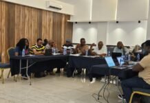 Immigration Department Presents Cabinet Policy Proposal for Semi-Autonomous Regimental Service Group of diverse professionals seated around a long conference table, discussing with laptops and water bottles in a bright room.
