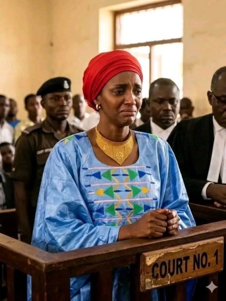 Woman in blue traditional dress and red headwrap stands at the courthouse, teary-eyed and clasping her hands, Court No. 1 visible behind her.