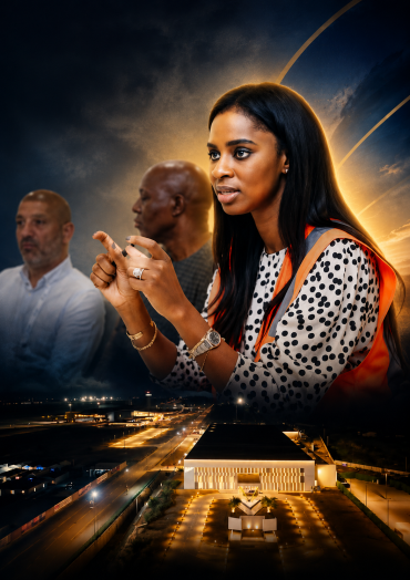 Professional woman speaking and gesturing, with two men in the background, overlaid with a lit rooftop and city streets below.