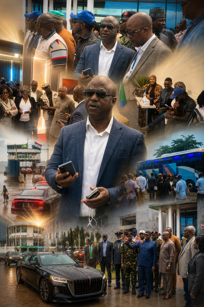 Central man in blue suit and sunglasses holds a phone at a crowded event, with people, a bus, and a luxury car in a layered collage background.