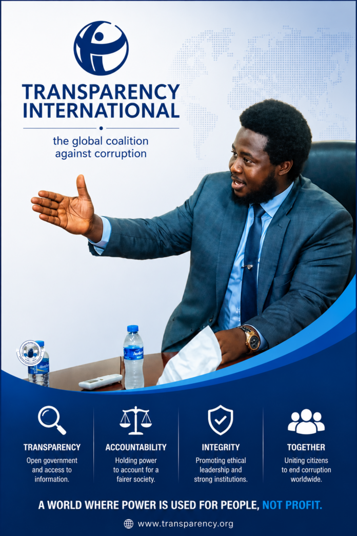 Man in a suit speaks at a Transparency International banner with a world map backdrop and TI logo on the left.