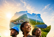 Invest Salone, BII Launch Investment Readiness Resources to Strengthen Sierra Leonean SMEs Diverse professionals against a vibrant Africa-themed backdrop of mountains, wind turbines, and solar panels, symbolizing sustainable investment in energy and development.