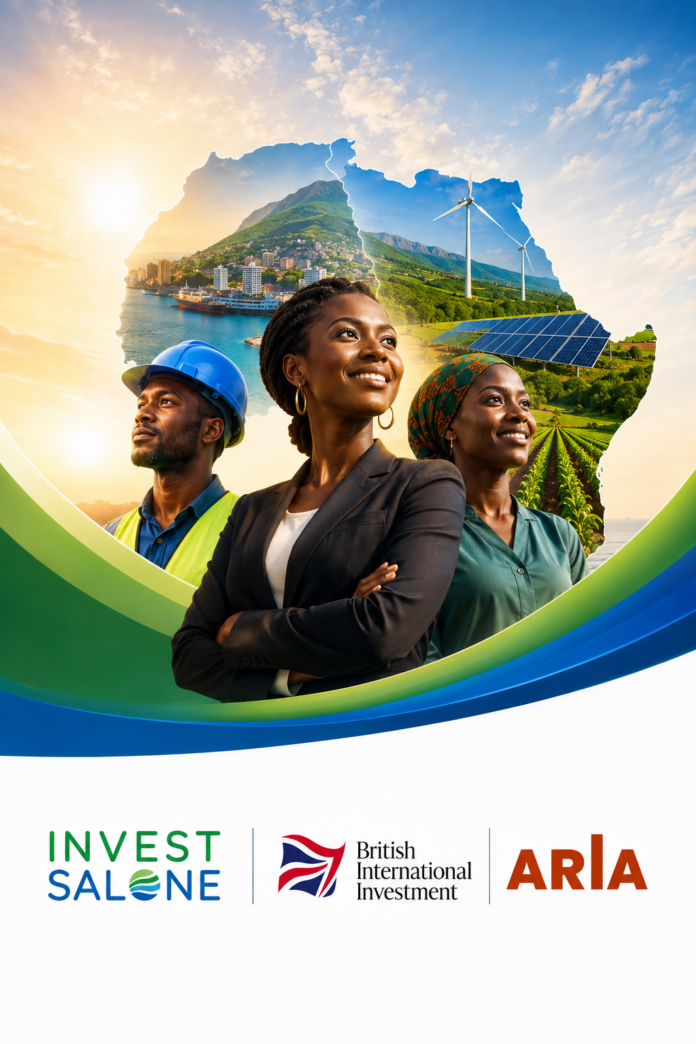 Diverse professionals against a vibrant Africa-themed backdrop of mountains, wind turbines, and solar panels, symbolizing sustainable investment in energy and development.