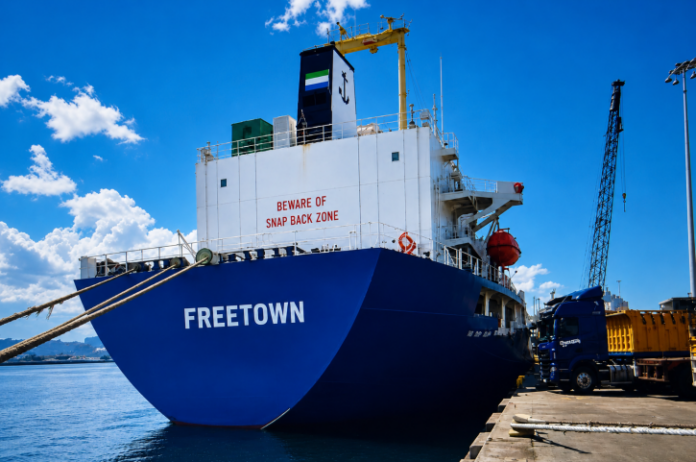 Blue cargo ship named FREETOWN docked at a port, with 'BEWARE OF SNAP BACK ZONE' on the white superstructure.