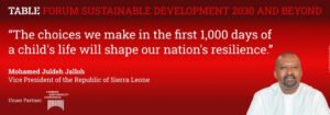Red gradient banner for the Table Forum on Sustainable Development 2030 and Beyond, with the quote by Mohamed Juldeh Jalloh and his portrait on the right.