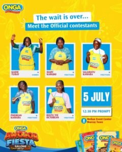 Poster announcing Onga official contestants: six participants in blue and yellow outfits, upcoming 5 July 12:30 PM at Melian Event Center, Murray Town.