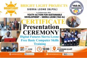 | The Calabash Newspaper Poster announcing a Certificate Presentation Ceremony for Digital Futures Sierra Leone—Free Basic Computer Skills Training; June 23, 2026, 10:00 AM, Makeni venue shown with logos and trainee photos