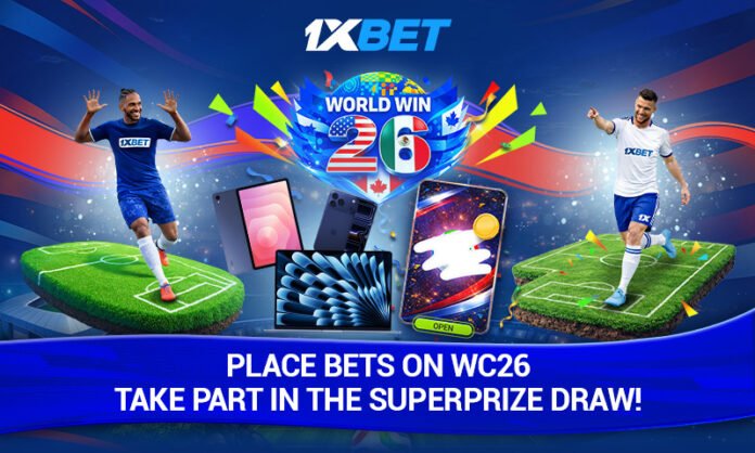 Promo banner for 1xBet World Cup 26, with two soccer players, colorful confetti, and devices (phones/tablets)—text invites bets for the super prize draw.