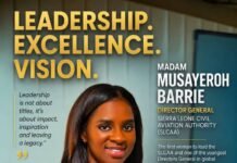 SLCAA DG Named Among Sierra Leone’s 50 Most Influential Women for Transforming Aviation Sector Portrait of Madam Musayeroh Barrie, Director General of the Sierra Leone Civil Aviation Authority, on a banner that reads 'Leadership. Excellence. Vision.' with summaries of leadership goals on the right side of the poster.
