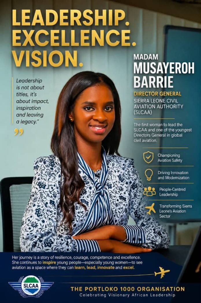 Portrait of Madam Musayeroh Barrie, Director General of the Sierra Leone Civil Aviation Authority, on a banner that reads 'Leadership. Excellence. Vision.' with summaries of leadership goals on the right side of the poster.