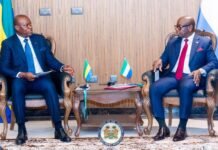 Sierra Leone, Gabon Sign Joint Communiqué to Strengthen Bilateral Cooperation Two men in blue suits sit facing each other in a formal meeting, small flags on the table between them and a presidential seal on the floor nearby.