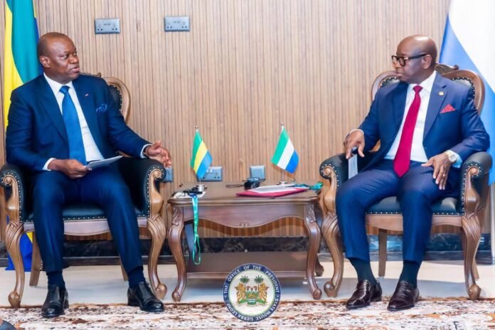 Two men in blue suits sit facing each other in a formal meeting, small flags on the table between them and a presidential seal on the floor nearby.