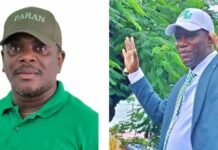 As Secretary General Rejects Batilo Songa’s Claim… SLPP Faces Questions Over Flagbearer Process and Conflicting 2028–2030 Election Remarks Two men shown separately: left a man in a green polo shirt and olive cap; right a man in a blue suit and white cap waving outdoors.
