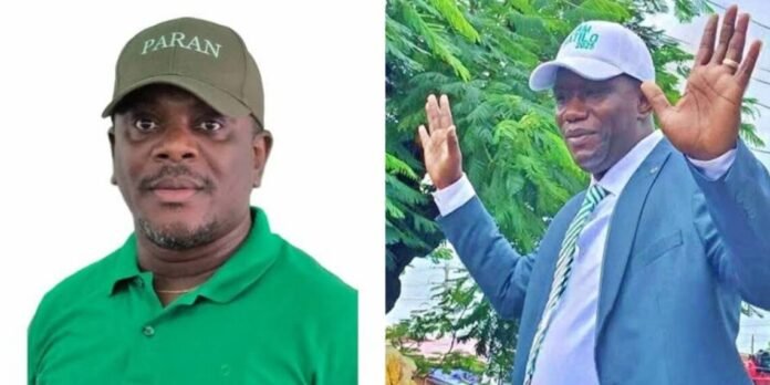 Two men shown separately: left a man in a green polo shirt and olive cap; right a man in a blue suit and white cap waving outdoors.