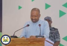 Vice President Underscores Paramount Chiefs’ Role in Peace and Security Ahead of 2028 Elections Man in a light-blue traditional shirt speaks at a wooden podium with two microphones, the VP seal visible on the front.