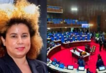 Basita Michael Questions Constitutional Reform Direction After Speaker Backs Strong Executive Powers Portrait of a woman with curly blond hair on the left; right shows a parliament chamber with blue seats and a red carpet.