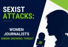 IFJ Raises Alarm Over Rising Sexist Attacks Against Women Journalists Worldwide Poster about threats to women journalists: 'Sexist Attacks: Women Journalists Under Growing Threat' with a silhouette of a reporter holding a JP-microphone, JournalismPakistan branding.