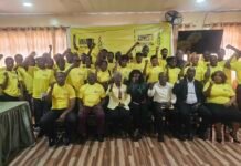 AISL Marks International Youth Day with Focus on Shared Youth Aspirations Large group of Amnesty International volunteers posing together in a room, all wearing yellow shirts and raising their fists in solidarity.