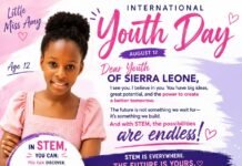 International Youth Day: 12-Year-Old Amy Kargbo Urges Young Sierra Leoneans to Embrace Education and STEM Poster for International Youth Day featuring a smiling girl in a pink dress on the left and bold pink/ purple text about Youth Day on the right.