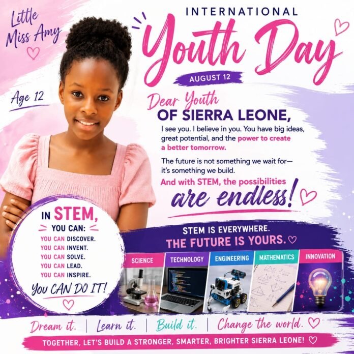 Poster for International Youth Day featuring a smiling girl in a pink dress on the left and bold pink/ purple text about Youth Day on the right.