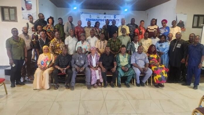 Large mixed-group in a hall posing for a group photo in front of a 'Consultative Workshop' banner, wearing colorful traditional and modern clothing.