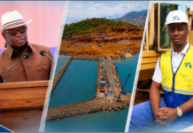 President Bio Backs Gento’s Kent Port Project to Ease Freetown Port Congestion & Boost Economic Growth Collage of three scenes: a man in a white hat giving a speech at a podium, a coastal construction site with a bridge, and a construction worker in a yellow safety vest beside heavy machinery.